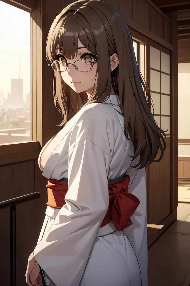 riofutaba, rio futaba, black-framed eyewear, (brown eyes:1.7), glasses, (grey hair:1.2), hair between eyes, over-rim eyewear, semi-rimless eyewear, long hair, sidelocks, 
BREAK (long sleeves, cleavage, jewelry, japanese clothes, kimono, necklace, black kimono, hakama, black hakama, sash, white sash:1.2),
BREAK nude, toned, medium breasts, shiny skin, from behind, sitting, butt, looking back, smile, blush, window, sunset, bed,
BREAK (masterpiece:1.2), best quality, high resolution, unity 8k wallpaper, (illustration:0.8), (beautiful detailed eyes:1.6), extremely detailed face, perfect lighting, extremely detailed CG, (perfect hands, perfect anatomy),