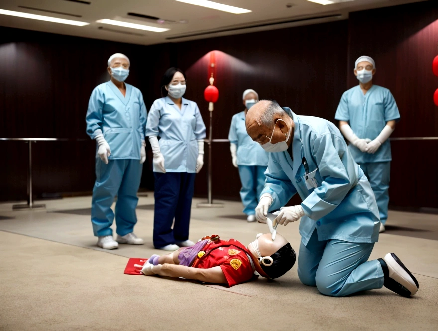 A group of elderly Chinese people doing CPR on a dummy in an empty room, stethoscope, coat/shirt/scrubs, surgical mask, pants, white gloves, photograph, 4k, high quality, ultra high res, (detailed eyes)