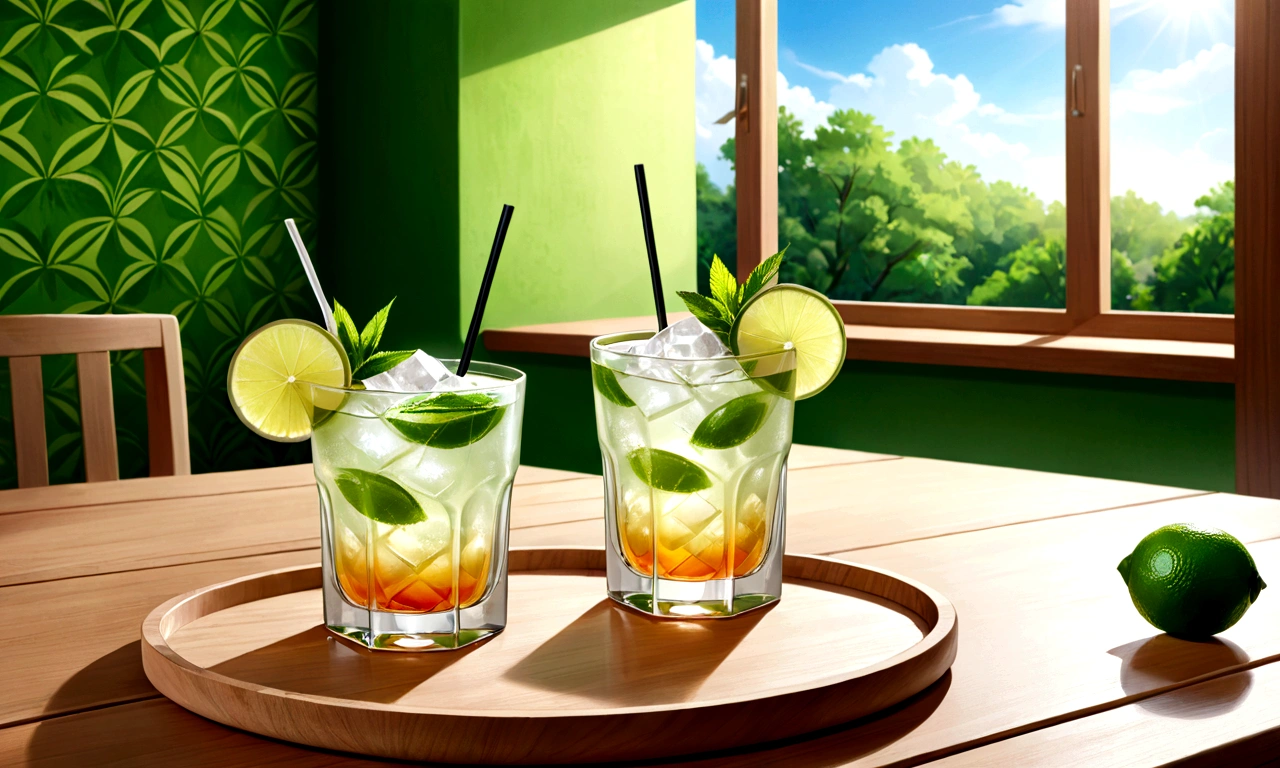 Two mojita glasses placed on a wooden tray, cold drinks, wallpaper, drink, 高画質wallpaper, Interesting background, drinking cocktail, stock, mixing drinks, drinks, seasonal, シャッターstock, wallpaper - 1 0 2 4, Beautiful high resolution, Professionally designed, Daylight Saving Time, Summer mood, High-quality images, by Elias Ravanetti, lime, A woman is sitting on a chair