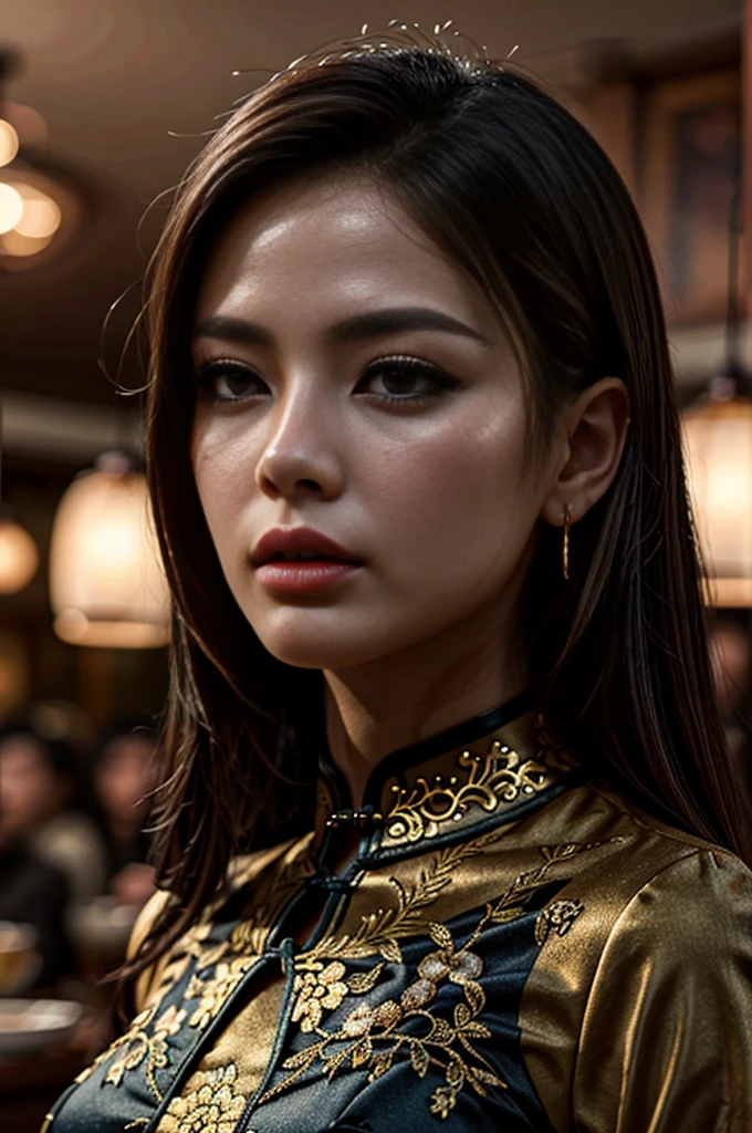 Half-length portrait,One dressed(Tight cheongsam:1.7)Beautiful woman,Surrounded by accessories,In a crowded Chinese restaurant,(Best quality,4K,8K,high resolution,masterpiece:1.2),Ultra Detailed,(lifelike,照片般lifelike,照片般lifelike:1.37),Detailed eyes,Detailed lips,Extremely detailed face,Long eyelashes,Intricate details,Gorgeous accessories,Gorgeous decoration,Warm Lights,Vibrant colors,Dramatic lighting,atmosphere,Movie,Award-winning photography
