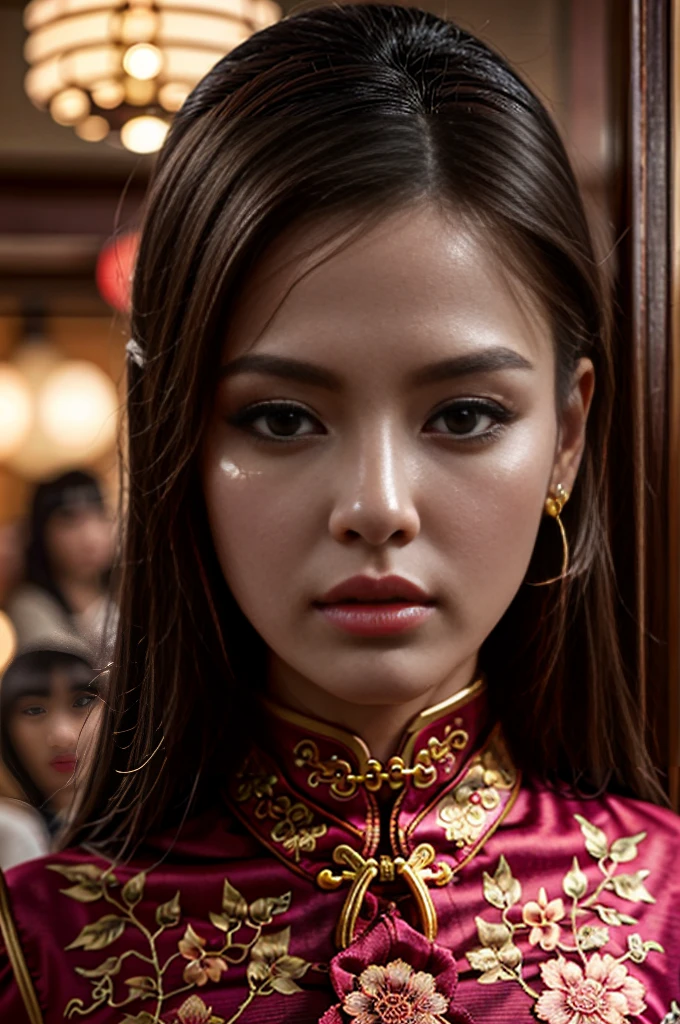 Half-length portrait,One dressed(Tight cheongsam:1.7)Beautiful woman,Surrounded by accessories,In a crowded Chinese restaurant,(Best quality,4K,8K,high resolution,masterpiece:1.2),Ultra Detailed,(lifelike,照片般lifelike,照片般lifelike:1.37),Detailed eyes,Detailed lips,Extremely detailed face,Long eyelashes,Intricate details,Gorgeous accessories,Gorgeous decoration,Warm Lights,Vibrant colors,Dramatic lighting,atmosphere,Movie,Award-winning photography