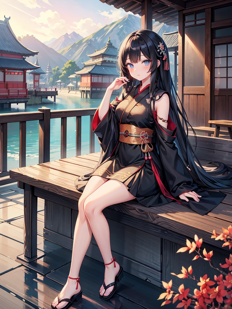 anime girl with long black hair and blue eyes sitting on a railing, an anime drawing by Shitao, pixiv, shin hanga, cute anime waifu in a nice dress, guweiz on pixiv artstation, full body xianxia, guweiz, seductive anime girl, anime moe artstyle, palace ， a girl in hanfu