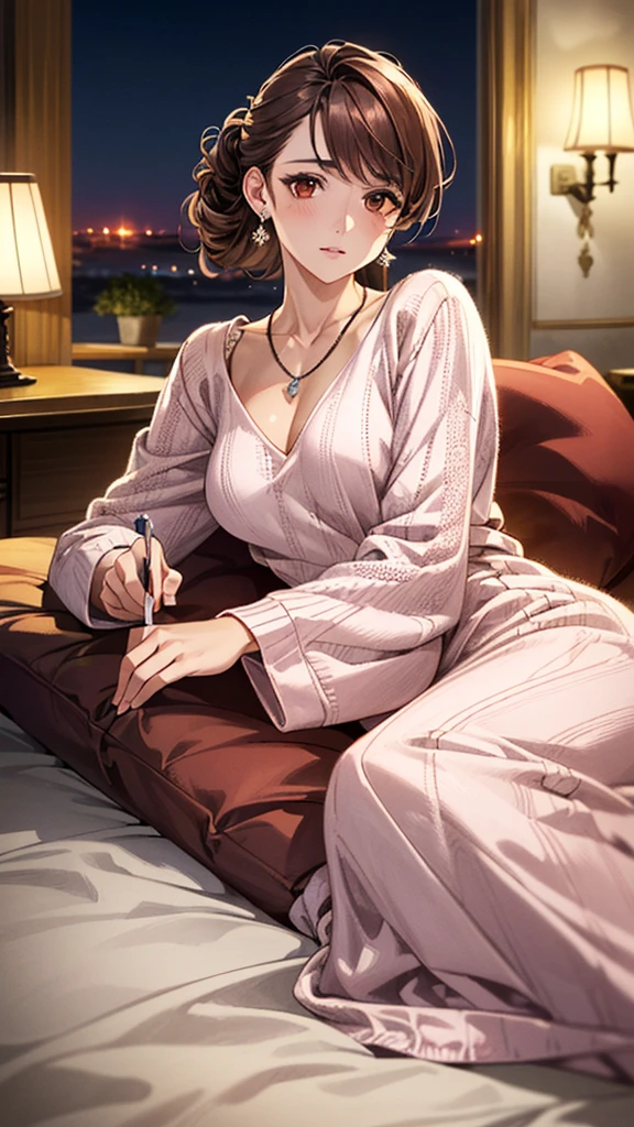 (masterpiece:1.3, Highest quality, Ultra-high resolution, Super detailed), (Realistic, photoRealistic:1.4), Beautiful illustrations, Perfect lighting, colorful, Depth of written boundary, Beautiful detailed hair, Beautifully detailed face, Beautiful fine details, Droopy eyes、Beautiful clavicle, Beautiful body, 美しいLarge Breasts, Beautiful thighs, Beautiful feet, Beautiful fingers, View Viewer、Front view:0.6, Beauty1人, Japanese, Beauty、30 years old, Perfect Face, (Perfect Anatomy, Anatomically correct), Cute and symmetrical face, Baby Face, , Shiny skin, (Pink long sleeve knit A-line dress:1.4) 、(Dark brown hair, Updo Hair:1.4), braided bangs、Dark brown eyes, Large Breasts, Slim body, necklace, Small earrings:1.1, (Beautiful views),(night),( A luxury hotel room),((Lying on one&#39;s back in bed)), Sexy pose、 A soft smile、(Smile, Lips parted),