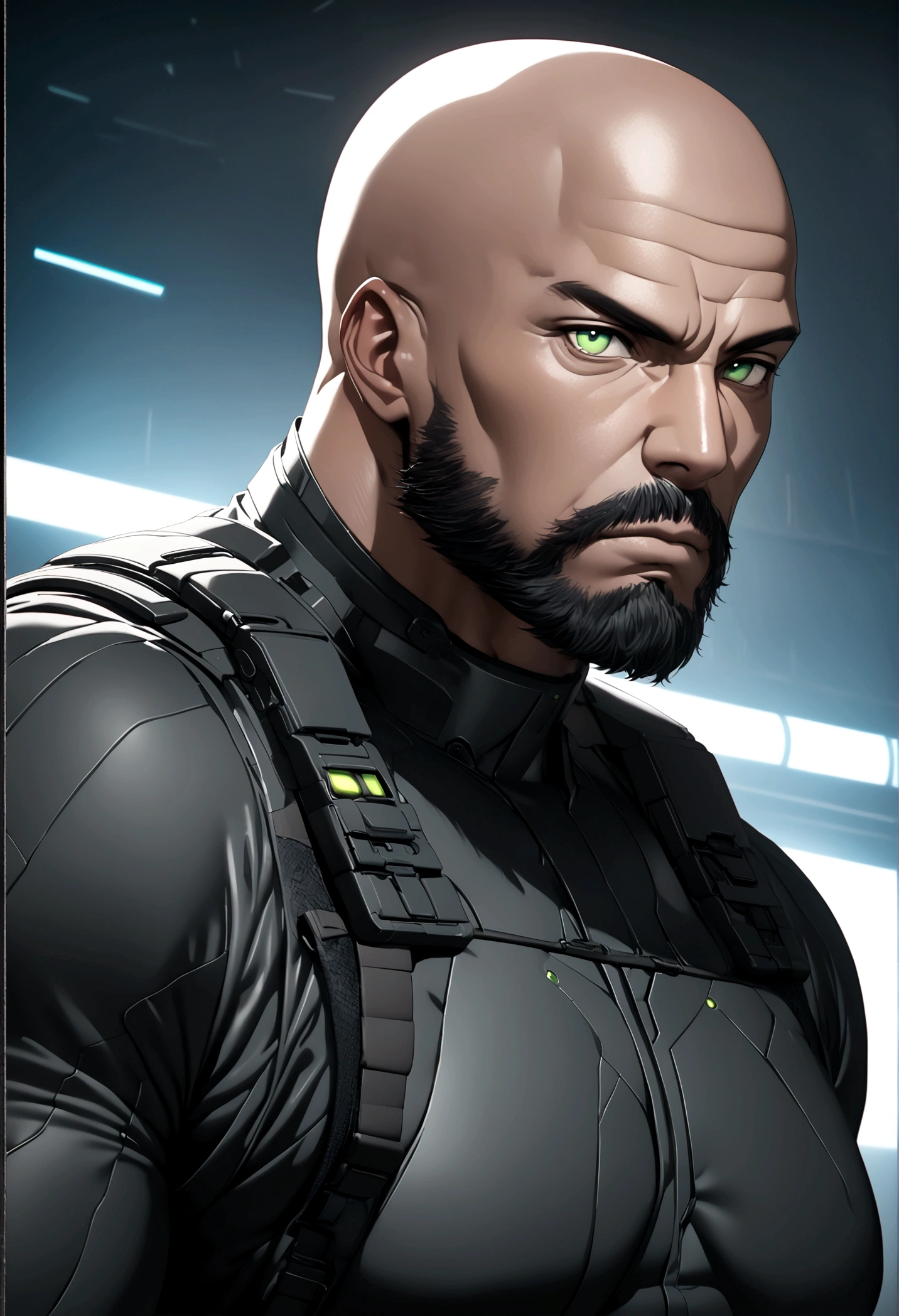 (masterpiece, 32k, 8k, cgi, cyberpunk effect), man, 46 years old, tanned black skin, deep green eyes, serious expression, bald, black Swat uniform, photo without background, full black beard, face with very masculine features, tall and muscular man