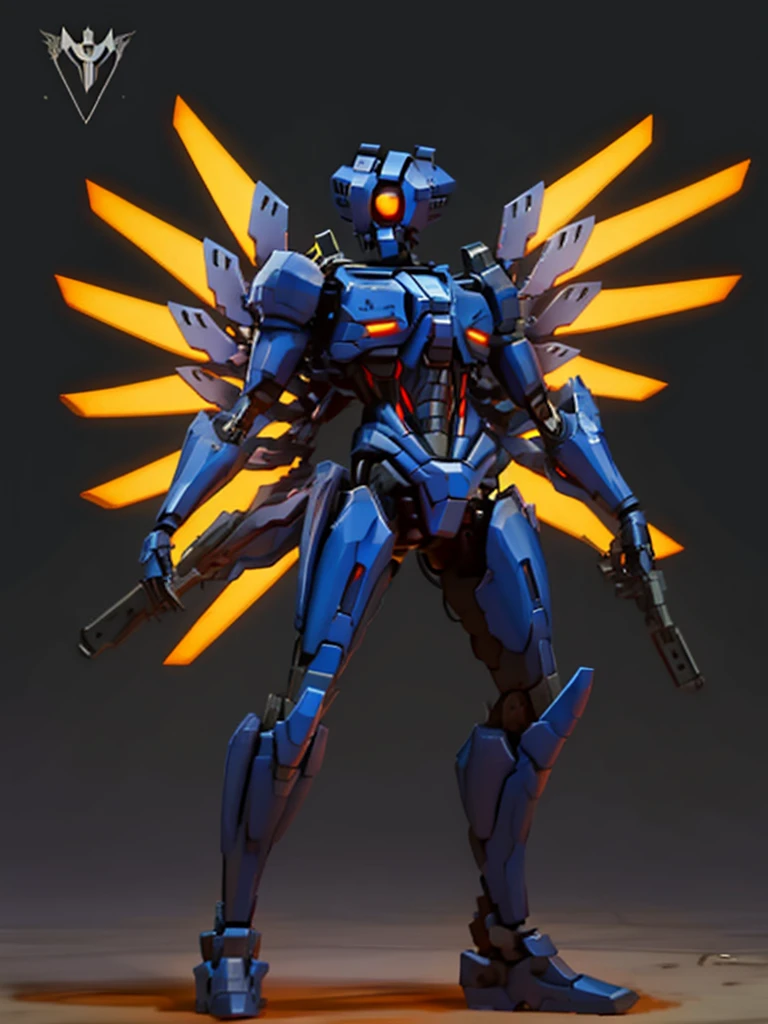 V1, blue robot, detailed, sliding, holding railgun, gunshot, hell, solo, slim, aggressive, slim body