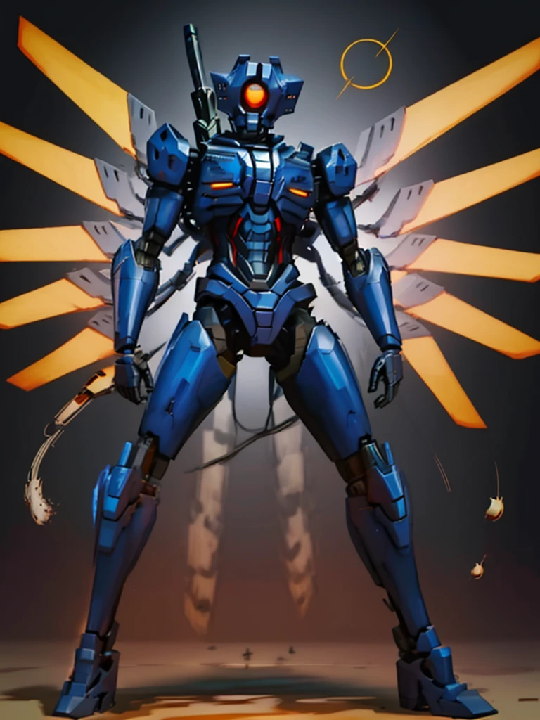 V1, blue robot, detailed, sliding, holding railgun, gunshot, hell, solo, slim, aggressive, slim body