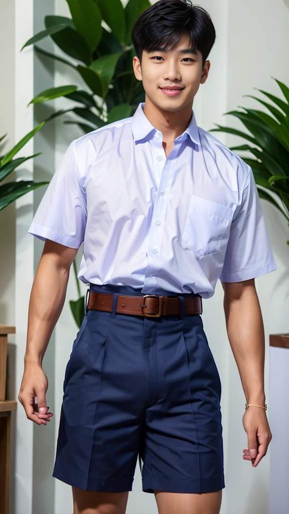 1 man, smile, (Wear a white school shirt.), (Dark blue shorts:1.2),brown belt, Korean guy , korean men, (High gloss details), chest muscles, large arm muscles, blood vessel, Big muscles, Broad shoulders, looking at the audience, Balancing the eyes, Bakery shop