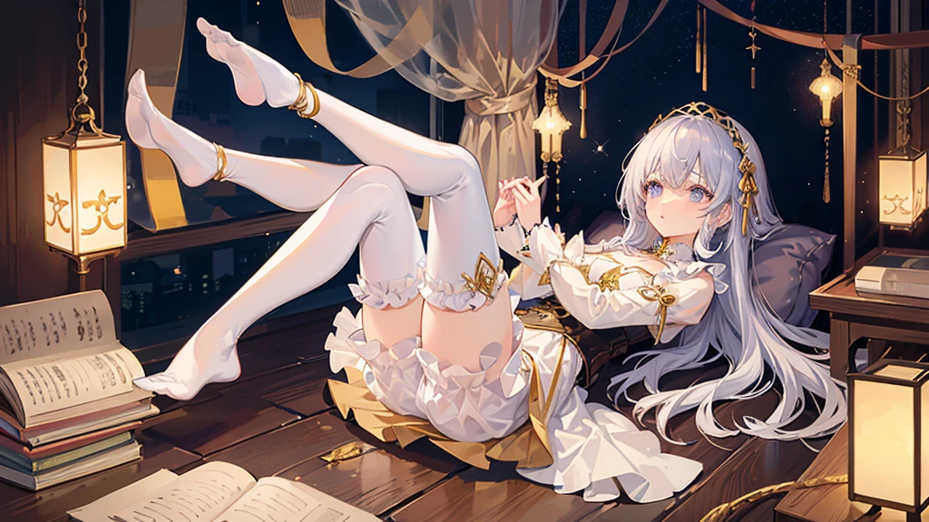 8 medieval girl, 1people、In underwear、Gold and silver thread embroidery、Translucent underwear drawers that reach below the knee(bloomers)Wearing、Wearing a semi-transparent corset、Translucent slip, Grey translucent tights、sleep