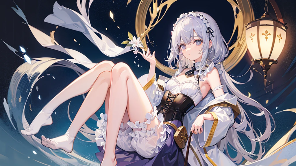 8 medieval girl, 1people、In underwear、Gold and silver thread embroidery、Translucent underwear drawers that reach below the knee(bloomers)Wearing、Wearing a semi-transparent corset、Translucent slip, Grey translucent tights、sleep