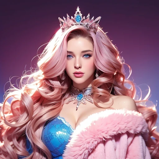 A woman, long curly hair, pinkish fur, blue eyes, short, sexy clothes, Queen