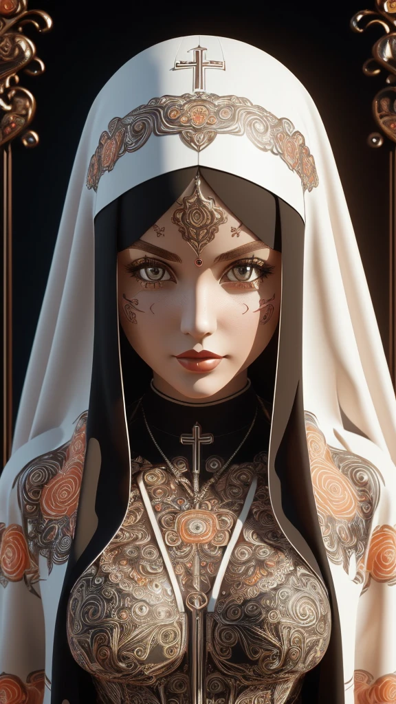 3d beautiful girl icon of (Woman, solo, house, cute, ((stunning background)), intricate, high detail, 8k, loose hair, (fascinset art style:1.3)), anime hyperrealistic 3d, cel shaded, painterly style, digital art, masterpiece, night scene, orange glowing tattoos on face, evil nun