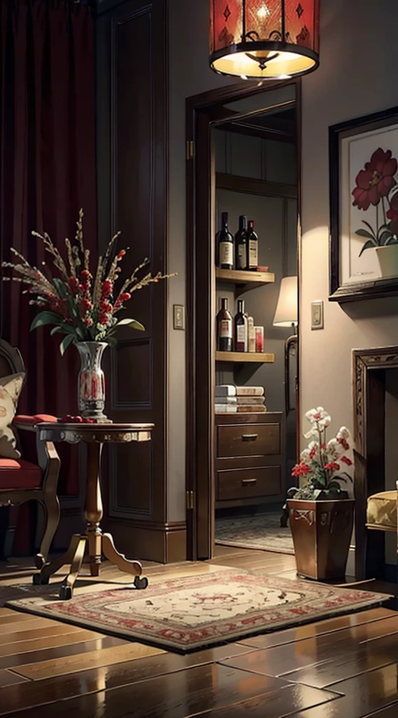luxurious and realistic aesthetic. Emphasize a color palette of red & white, and gold. Incorporate lifelike illustrations of the major fragrance notes: red wine, lily of the valley, and amber, with a touch of smoky accents to evoke the fragrance's essence. Use soft, warm lighting to bring out the richness and professional quality of the design. non word on the label