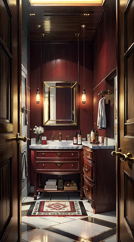luxurious and realistic aesthetic. Emphasize a color palette of red & white, and gold. Incorporate lifelike illustrations of the major fragrance notes: red wine, lily of the valley, and amber, with a touch of smoky accents to evoke the fragrance's essence. Use soft, warm lighting to bring out the richness and professional quality of the design. non word on the label