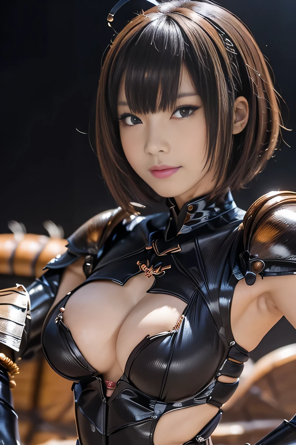masterpiece、Highest quality、Highly detailed CG、Great details、High resolution、8K Wallpaper、All the intricacies、Super detailed、Super Shining、Oily luster、monster girl、Cockroach and woman fusion、Female cockroach forms、Cockroach woman、Fusion、Acting alone、gal、Perfect female ratio、Wicked Smile、cute、anime face、Antennae of cockroaches、特にOily luster、muscular、Cockroach and exoskeleton suit fusion、Mahogany colored dark skin、Short Hair、bionde、Purple streak hair、crustacean、arthropod、Enemy hideout style background、Background of the evil organization style