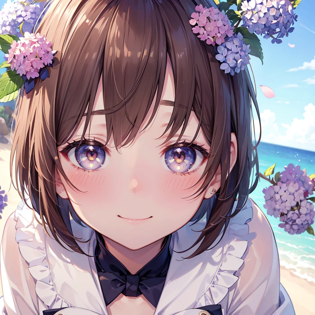 ((Best Quality、8K、masterpiece))、((One girl))、((cute))、A big smile、Blushing、Mouth open、Brown Hair、Short Bob Hair、Ultra detailed face、Ultra-detailed eyes、Ultra detailed hair、Sailor suit、hydrangea
