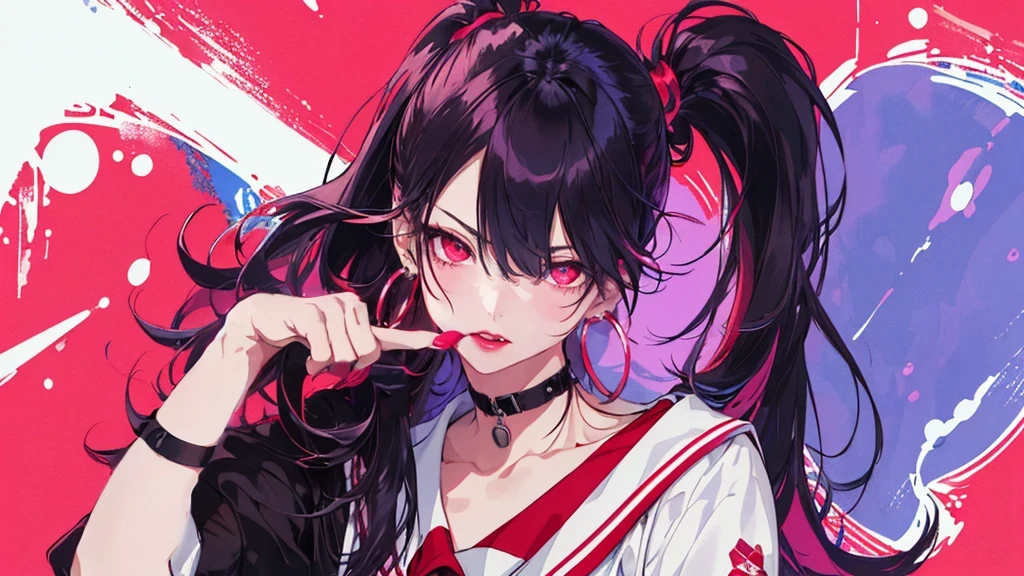 hair above one eye, Purple eyes, Clear Eyes, choker, Neon Shirt, torn legwear, open jacket、Blue pubic hair catches my eye,Bright red background、Red background, graffiti, Shineing grafiti, Shineing tattoos, Shine, Neon Light, Black light,Anime Style, movie portrait photography, 1 female, 22 years ago, Whole Body Ezbian,Big and ample breasts, anger, (Scarlet Hair), Long Hair, Purple eyes, wearing a short black dress, (Natural skin texture vivid details, Surreal, (Realistic eyes, Natural skin texture, Realistic facial details), Soft and dramatic lighting, Written boundary depth, Bokeh, vivid details, Surreal, 35mm movie, Absent-minded, movie,lipstick, ear piercing, eye shadow, Hoop Earrings, red pink lips, multicolored red eyes, Red background,Beautiful Eyes,Bold Pose、Strike a Pose,upper ponytail,drooping bangs,Droopy eyes、((school uniform))、high school girl