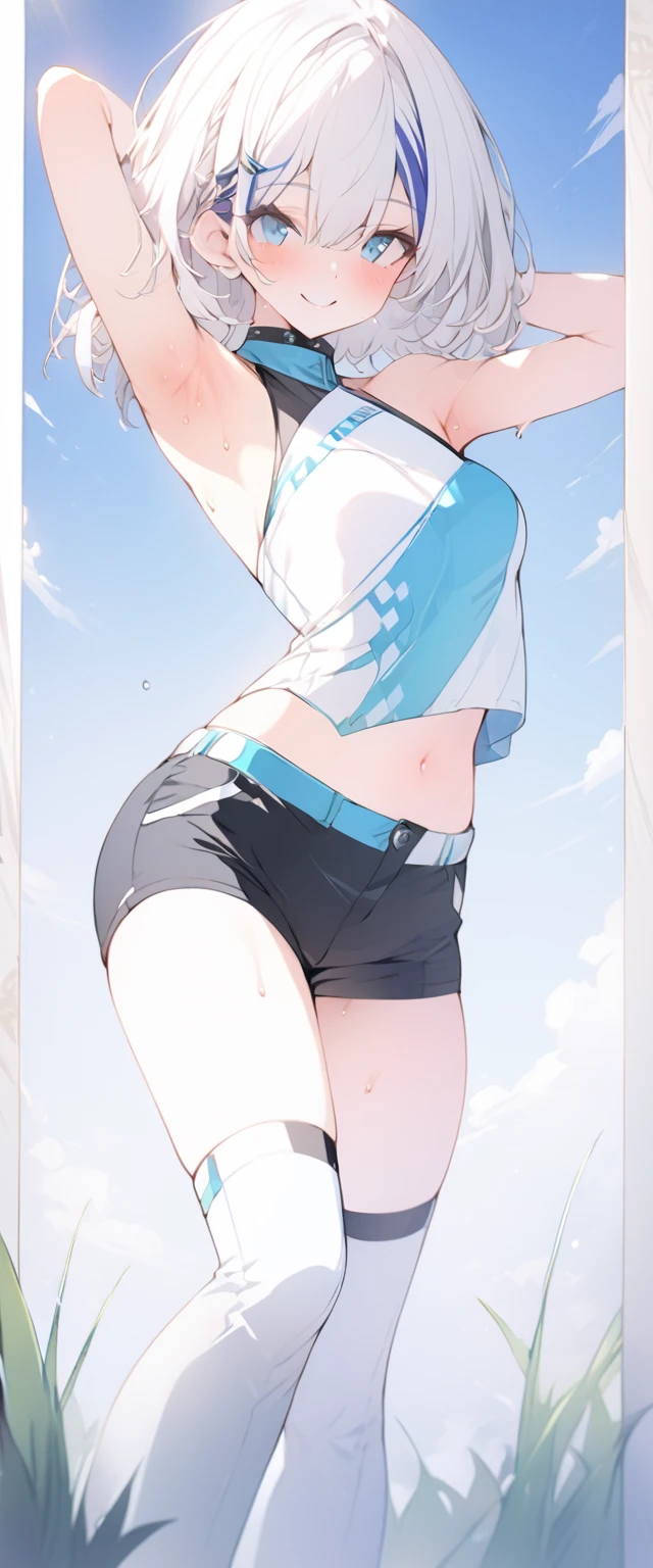 beautiful, masterpiece, Highest quality, anime, One girl, C Cup,Portrait Shot, View your viewers, Intricate details,>,((Covered、Short Hair、nearby、Blue Eyes、art、、White hair,Blue streaked hair、wallpaper、、hairpin、smile、Race Queen、Thigh、Knee-high boots、blue sky、smile、Bright atmosphere、Shorts、grass、Armpit、Thigh_Sweat