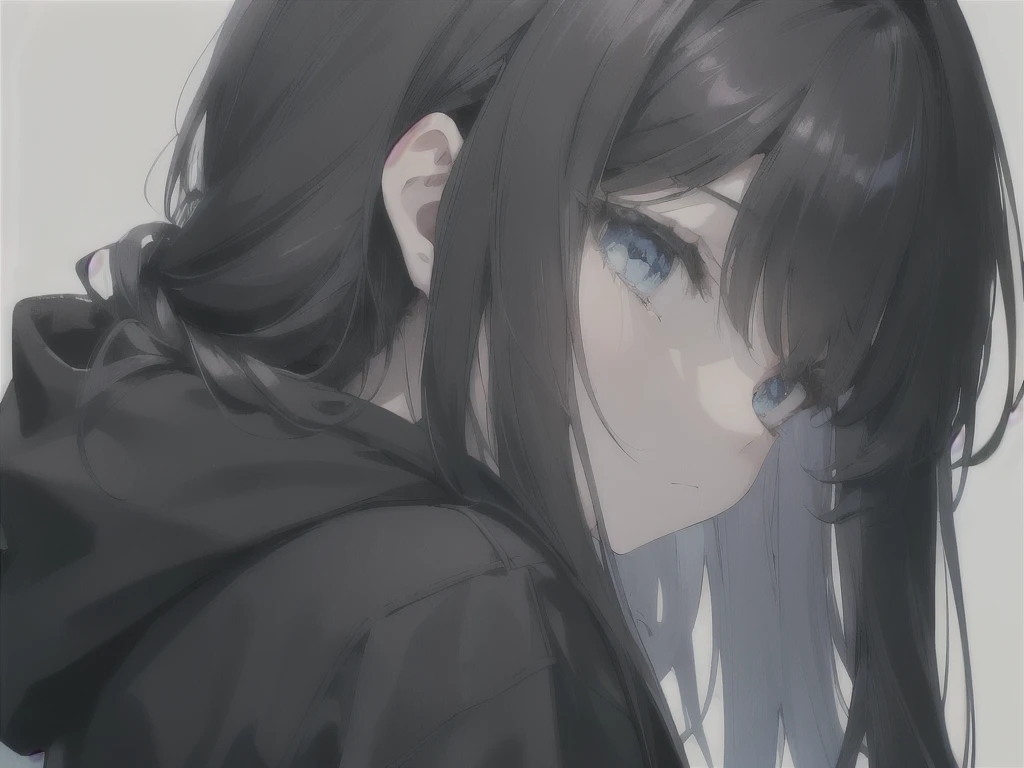 Ultra high definition、perfection、masterpiece、1 girl in black hoodie、profile、Black Hair、Long Hair、Underground、Blue eyes、Looks sleepy