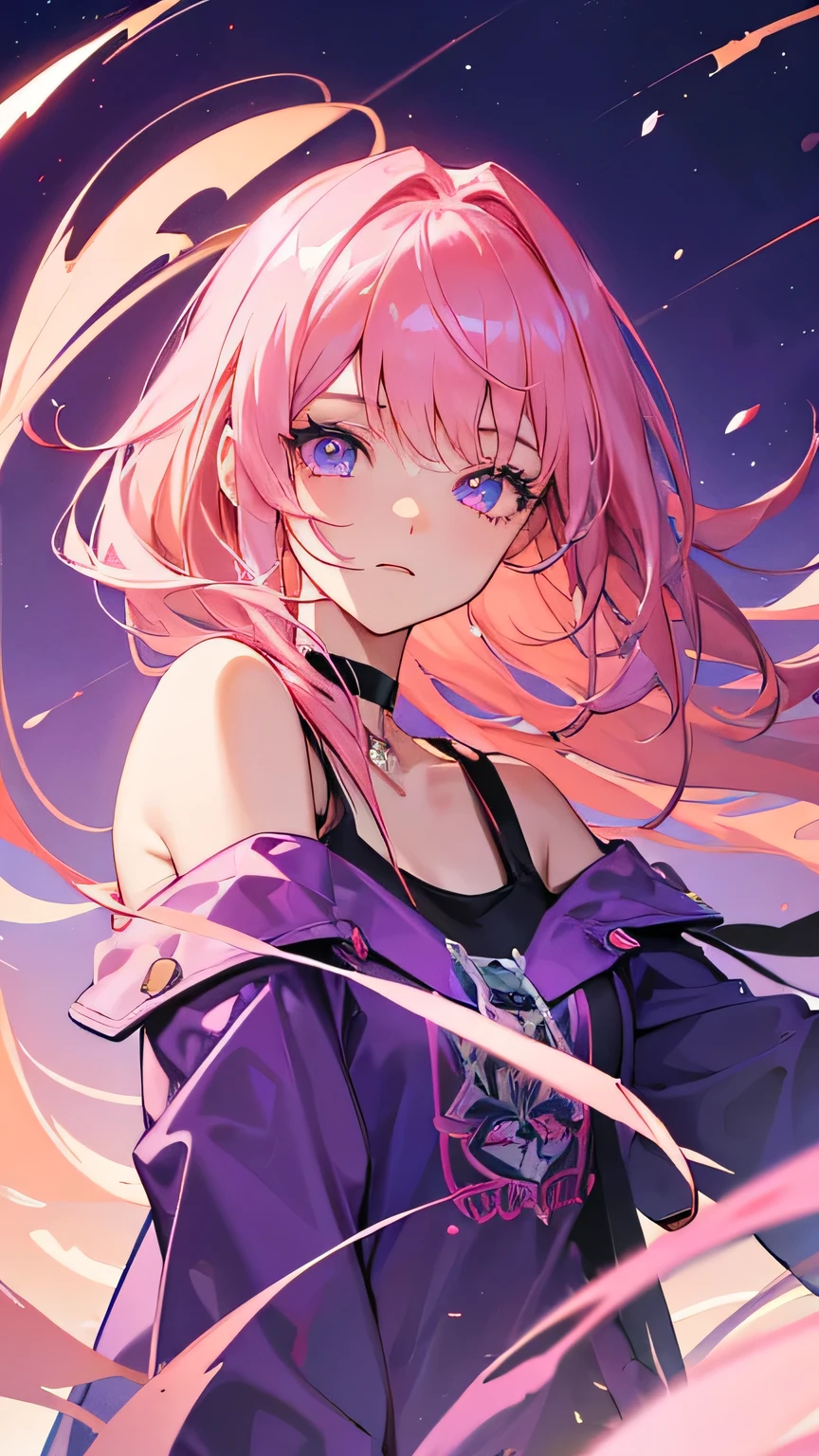 pov, ((masterpiece)), (super detail), perfect face, high detailed eyes, textured skin, high quality, highres, pink hair, hair over shoulder, crossed bangs, shiny hair, eye reflection, Choker, purple clothes, casual clothes, Meteor, light torrent background