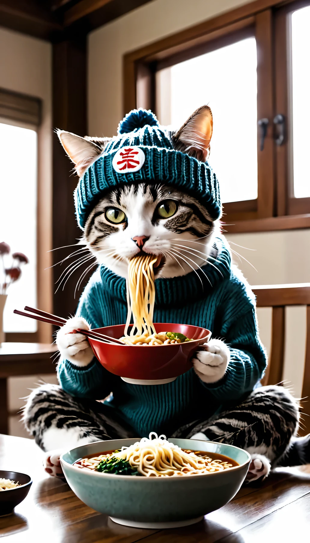 A cat wearing a knit hat is eating ramen in a room. The cat is slurping the noodles and holding the bowl with both paws.