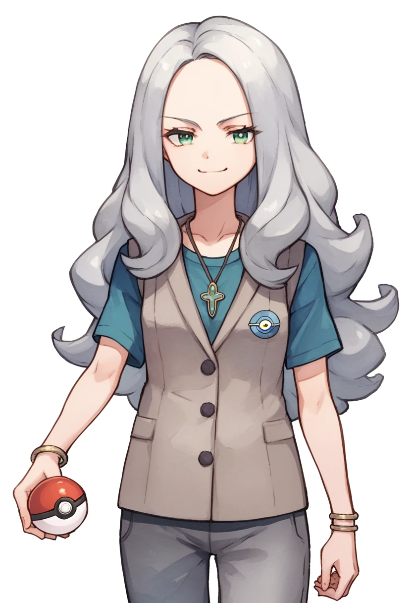 ((((white background)))), simple background, watercolor, 1 girl, standing, long mo hair, silver hair, light skin, smug green eyes, front view, gray pants, a light gray woolen vest with a navy blue t-shirt underneath, wide black pants, bracelets, His moccasins are dark brown in color, perfectly completing his winter ensemble, holding a pokeball, score_9, score_8_up, score_7_up, pendant, score_6_up, score_5_up, score_4_up, BREAK source_anime , masterpiece