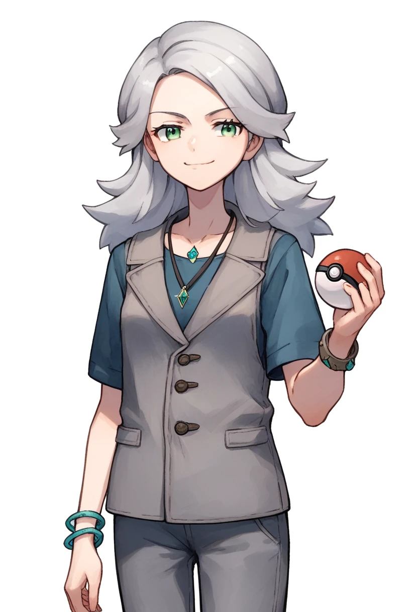 ((((white background)))), simple background, watercolor, 1 girl, standing, long mo hair, silver hair, light skin, smug green eyes, front view, gray pants, a light gray woolen vest with a navy blue t-shirt underneath, wide black pants, bracelets, His moccasins are dark brown in color, perfectly completing his winter ensemble, holding a pokeball, score_9, score_8_up, score_7_up, pendant, score_6_up, score_5_up, score_4_up, BREAK source_anime , masterpiece