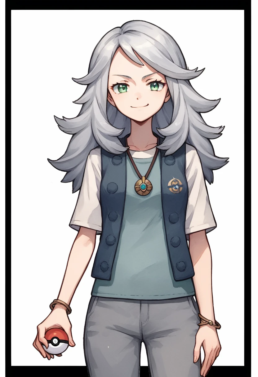 ((((white background)))), simple background, watercolor, 1 girl, standing, long mo hair, silver hair, light skin, smug green eyes, front view, gray pants, a light gray woolen vest with a navy blue t-shirt underneath, wide black pants, bracelets, His moccasins are dark brown in color, perfectly completing his winter ensemble, holding a pokeball, score_9, score_8_up, score_7_up, pendant, score_6_up, score_5_up, score_4_up, BREAK source_anime , masterpiece