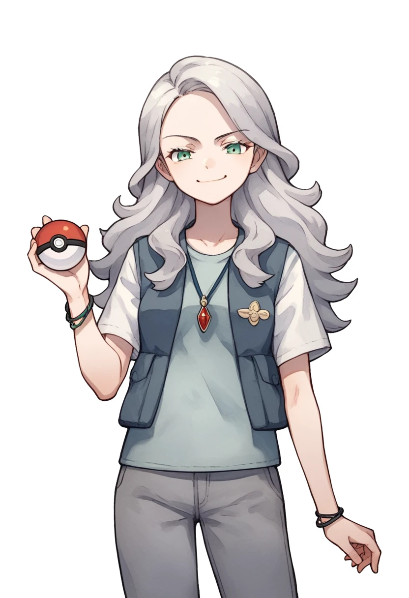 ((((white background)))), simple background, watercolor, 1 girl, standing, long mo hair, silver hair, light skin, smug green eyes, front view, gray pants, a light gray woolen vest with a navy blue t-shirt underneath, wide black pants, bracelets, His moccasins are dark brown in color, perfectly completing his winter ensemble, holding a pokeball, score_9, score_8_up, score_7_up, pendant, score_6_up, score_5_up, score_4_up, BREAK source_anime , masterpiece