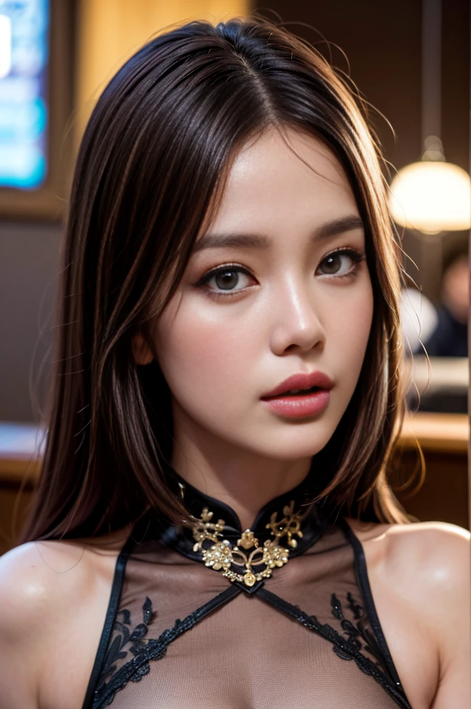 Half-length portrait,One dressed(Tight cheongsam:1.7)Beautiful woman,Surrounded by accessories,In a crowded Chinese restaurant,(Best quality,4K,8K,high resolution,masterpiece:1.2),Ultra Detailed,(lifelike,照片般lifelike,照片般lifelike:1.37),Detailed eyes,Detailed lips,Extremely detailed face,Long eyelashes,Intricate details,Gorgeous accessories,Gorgeous decoration,Warm Lights,Vibrant colors,Dramatic lighting,atmosphere,Movie,Award-winning photography