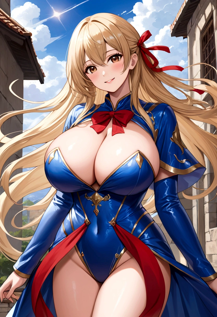 masterpiece、high-level image quality、photographrealistic、Fantastic world、Longhaire、Big Breast、Large breasts、I can see the cleavage、Brown eyes、shiny blonde hair、Blue Wizard Outfit、sexy smiling、Painting from the front、The wind is blowing、Red ribbons
