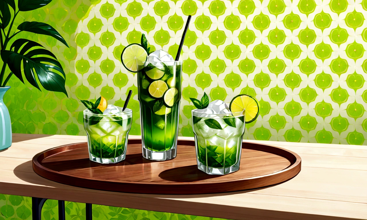 Two mojita glasses placed on a wooden tray, cold drinks, wallpaper, drink, 高画質wallpaper, Interesting background, drinking cocktail, stock, mixing drinks, drinks, seasonal, シャッターstock, wallpaper - 1 0 2 4, Beautiful high resolution, Professionally designed, Daylight Saving Time, Summer mood, High-quality images, by Elias Ravanetti, lime, A woman is sitting on a chair