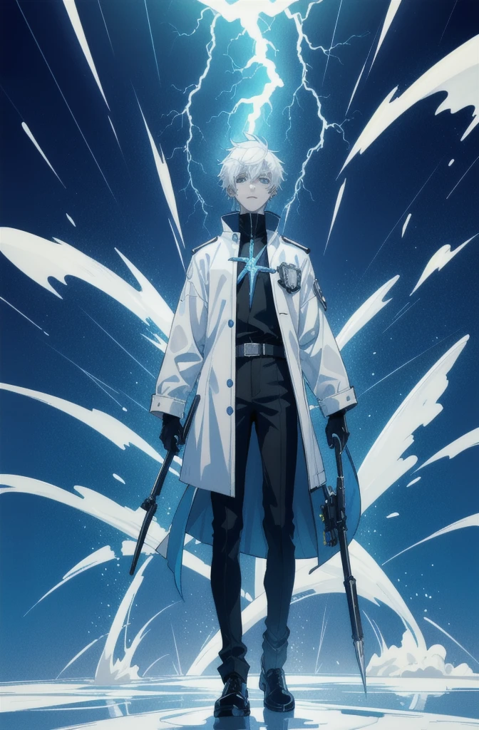 A 15-year-old teenage boy with an albino skin tone. He is an engineer and artificer, without facial or body hair. His hair is short and straight, colored white. The boy is wearing a futuristic cyberpunk in black and blue, futuristic style clothes, adorned with white lightning patterns. He is surrounded by an aura of white lightning, with a background featuring a scenery of rapid lightning and thunder. Thunder powers.