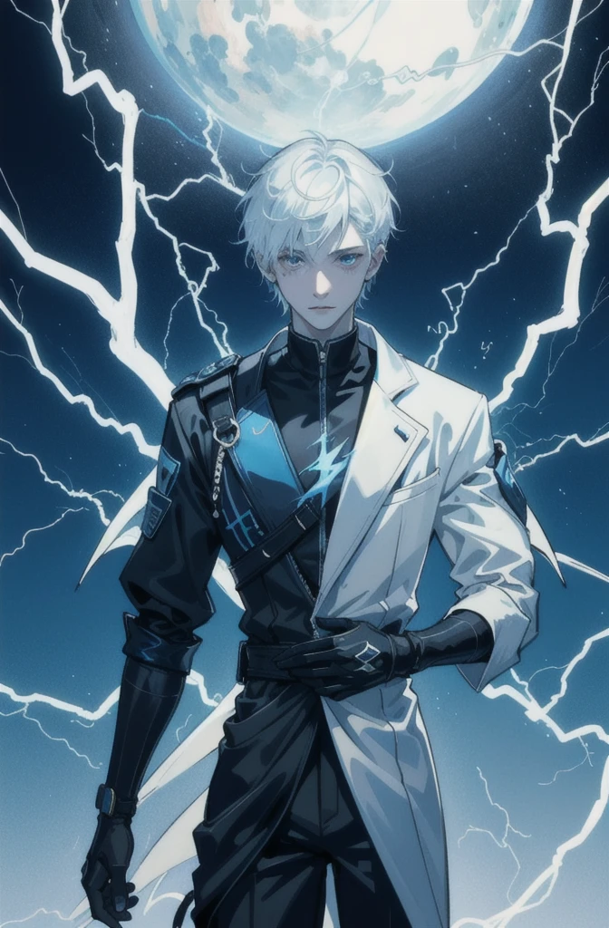 A -yeld teith an albino skin tone. He is an engineer and artificer, without facial or body hair. His hair is short and straight, colored white. The boy is wearing a futuristic cyberpunk in black and blue, futuristic style clothes, adorned with white lightning patterns. He is surrounded by an aura of white lightning, with a background featuring a scenery of rapid lightning and thunder. Thunder powers.