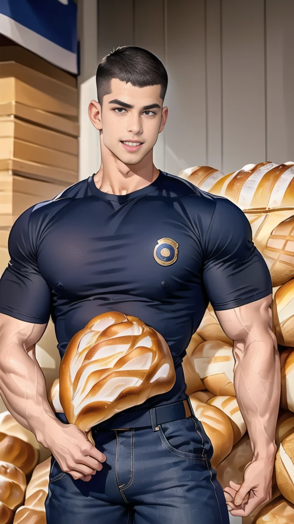 (handsome Man),(crew cut short hair:1.8),black eye,(Wear a fitted round neck t-shirt in navy with a police badge.:1.5),(fit neck),Navy blue jeans,(black_gloves:1.2), Korean guy,chest muscles,large arm muscles,blood vessel,Big muscles,Broad shoulders, (open mouth:1.2),(face up:1.2),(open eyes:1.5), middle of the road,smile, In front of the bread shop, (bread in hand:1.3)