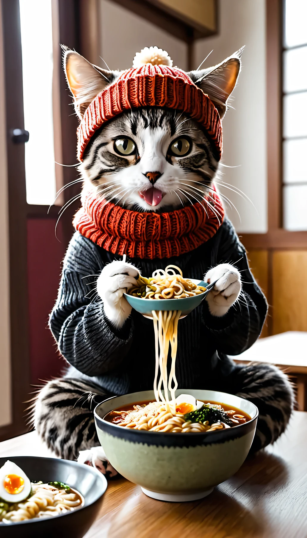 A cat wearing a knit hat is eating ramen in a room. The cat is slurping the noodles and holding the bowl with both paws.
