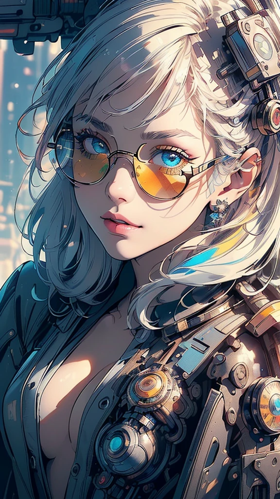 (((masterpiece, highest quality))),(((solo:1.2))),(((1girl:1.2))),32k wallpaper, very detailed,(((((portfolio))))),(((((Close-up))))),(((((bust up))))),((((more various angle)))),(((highlight))),((((heterochromia)))),(((complete. detailed face))),((((Extremely talented)))),((((Wonderfully detailed complicated machine)))),((((genius mechanic)))),((Overall colorfully)),(((futuristic galaxy))),(((perfect clear skinn))),((Cleavage)),((sunglasses))