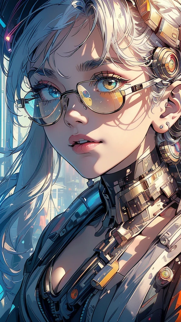 (((masterpiece, highest quality))),(((solo:1.2))),(((1girl:1.2))),32k wallpaper, very detailed,(((((portfolio))))),(((((Close-up))))),(((((bust up))))),((((more various angle)))),(((highlight))),((((heterochromia)))),(((complete. detailed face))),((((Extremely talented)))),((((Wonderfully detailed complicated machine)))),((((genius mechanic)))),((Overall colorfully)),(((futuristic galaxy))),(((perfect clear skinn))),(((Cleavage))),(((sunglasses)))