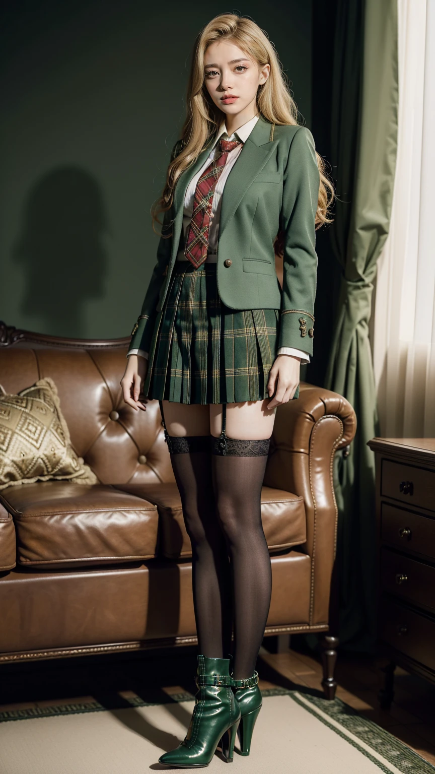 UHD,8K,girlvn01, 1girl,school,Big Eyes,Stunningly Beautiful Girl,green suit,Epaulette, pleated plaid green skirt,plaid red necktie, Long shaped face,Sandy Blonde side-swept hair,standing ,black stocking ,sofa,student boots high heels,full body,