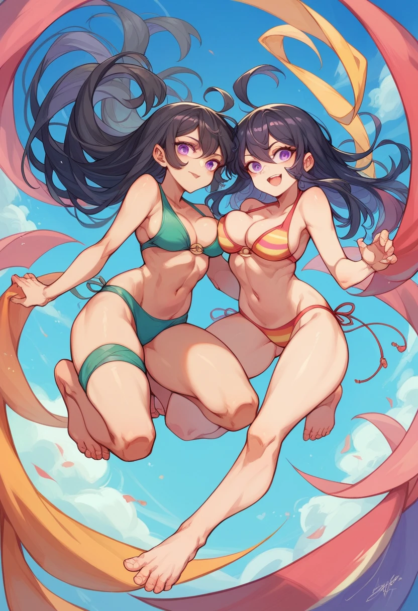 Wearing a colorful bikini、barefoot。hair is black、Purple eyes。Breasts are K cup。The skin is white and、Long hair。Has one brother and one sister。My sister has an E cup。All of them have black hair。6 siblings。It's like diving into the ocean and looking at the coral reefs and fish.。in the sea。My brother is wearing a purple diving suit.。I have one older brother.