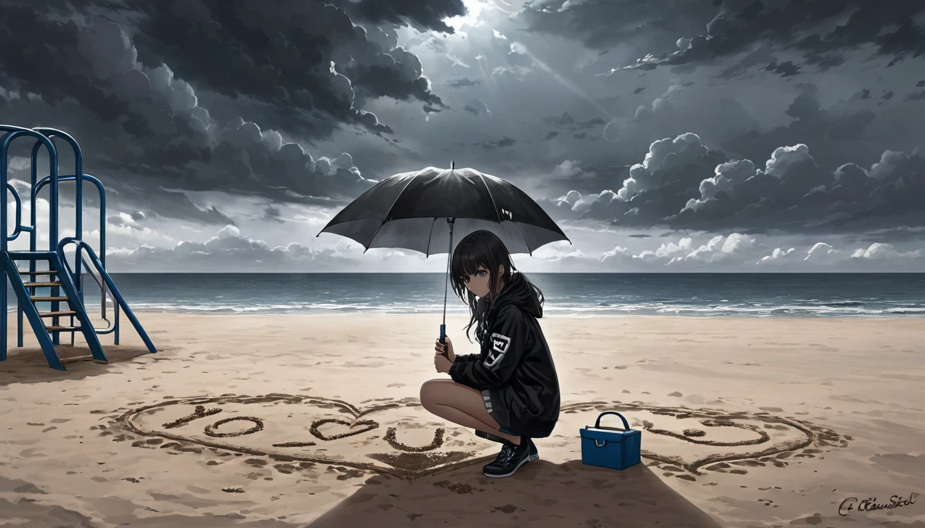 A dark and cloudy day with a sky full of dark clouds. A girl is crouching on the playground, holding an umbrella in one hand and writing i love you in the sand with her other hand.