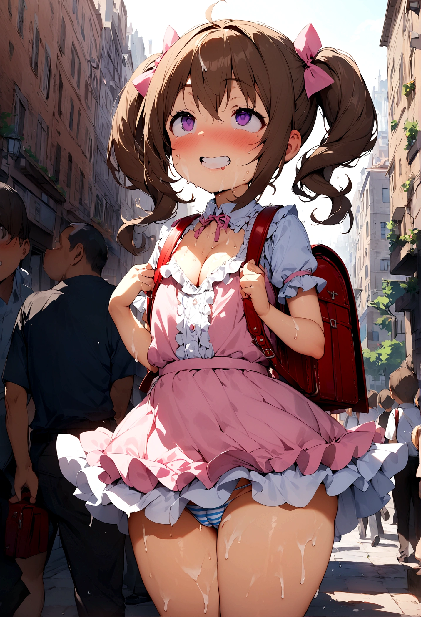 masterpiece, Highest quality, Nico_Yazawa,High resolution, 1 Girl, alone, Brown Hair, short hair, Twin tails、Purple eyes, Cowboy Shot, Frill dress, , Pink Dress, (Cleavage)、(Beautiful thighs)、city, Outdoor, garden, Carrying a red backpack, (randoseru backpack:1.2) Sweaty、Thick thighs、Highest quality、4K、1girl, 8years old, , cute, grin, 、Skirt lift striped underwear、In the city、Many passersby are surrounding the girl.、、Thick thighs、Ahegao、Men holding their penises and surrounding girls、Semen from the penis、Bukkake、Bukkake、(Bukkake)