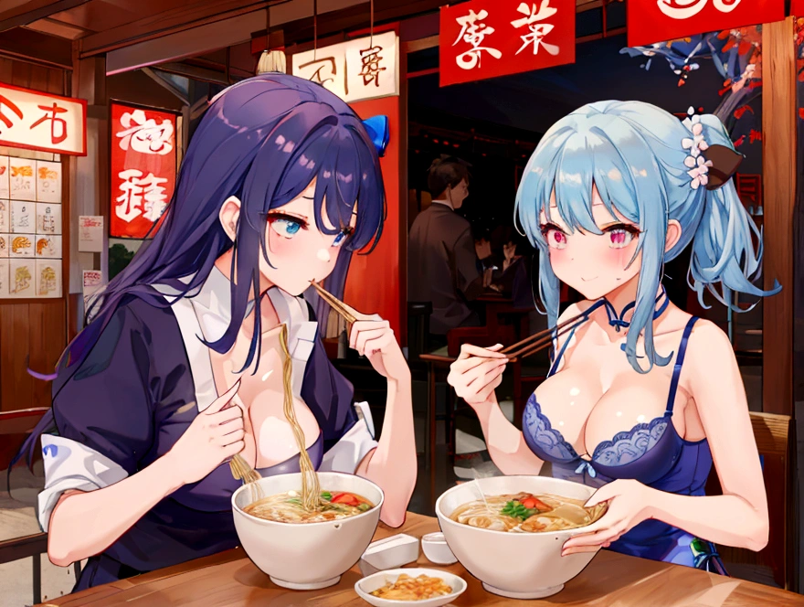 A cute student in underwear and an older teacher eat Chinese food together、Big boobs and small 、A thin cute blue bra、Thin cute blue underwear、Large serving of salt ramen, fried rice and gyoza set meal、Beer in a mug、