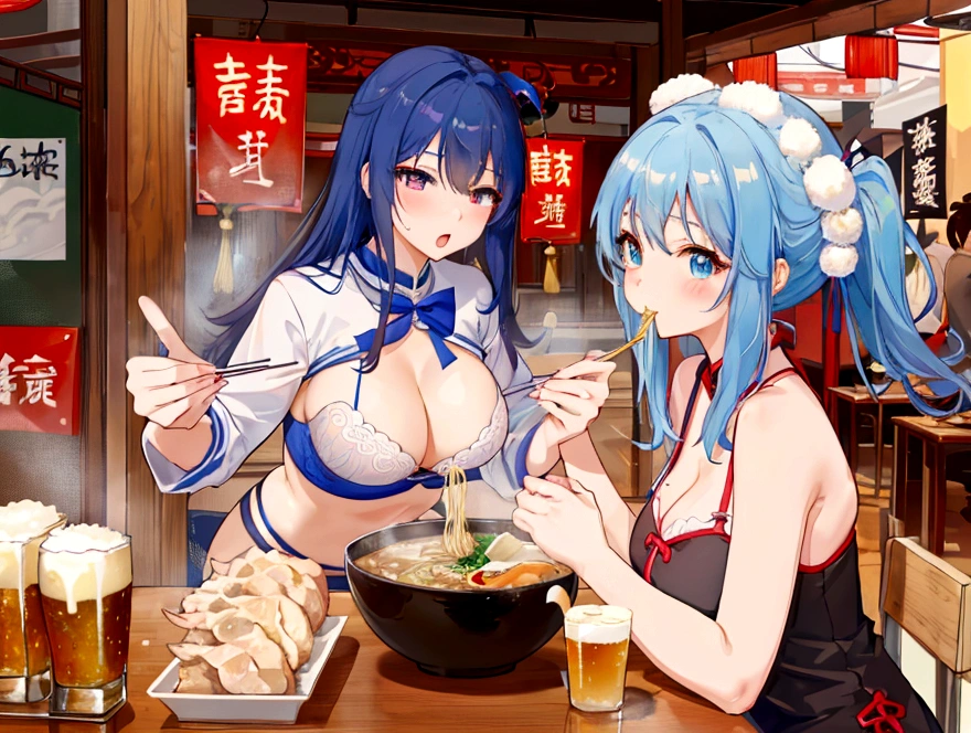 A cute student in underwear and an older teacher eat Chinese food together、Big boobs and small 、A thin cute blue bra、Thin cute blue underwear、Large serving of salt ramen, fried rice and gyoza set meal、Beer in a mug、