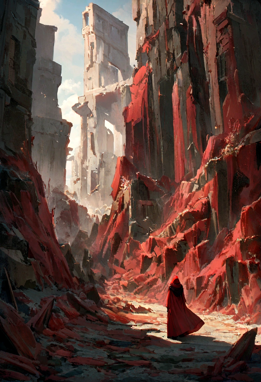 In a world after civilization has collapsed、A row of weathered ruins.,Standing there,Red long dress, Red Hood, A lot of red clothes are flying in the air, high quality, 8K