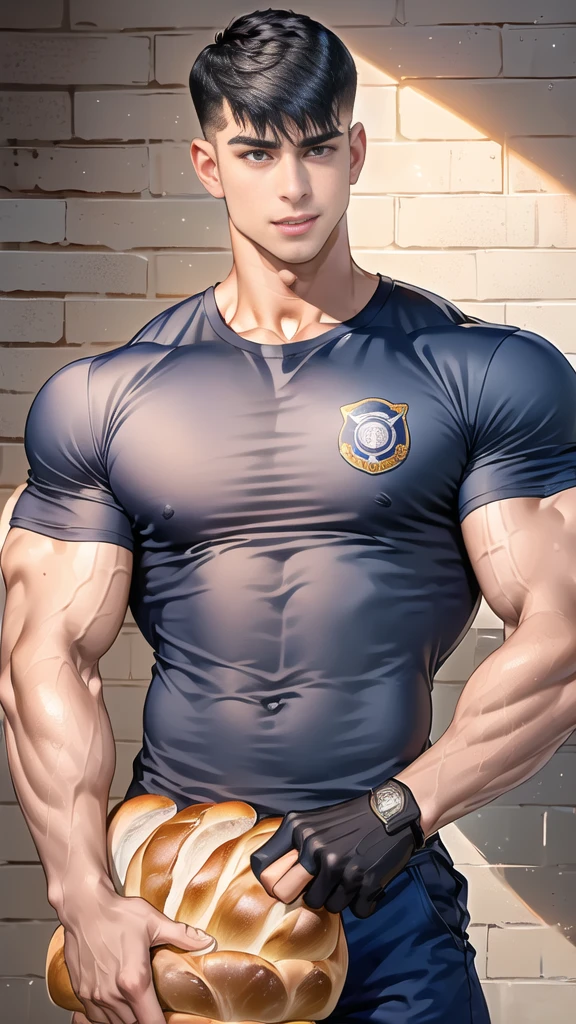 (handsome Man),(crew cut short hair:1.8),black eye,(Wear a fitted round neck t-shirt in navy with a police badge.:1.5),(fit neck),Navy blue jeans,(black_gloves:1.2), Korean guy,chest muscles,large arm muscles,blood vessel,Big muscles,Broad shoulders, (open mouth:1.2),(face up:1.2),(open eyes:1.5), middle of the road,smile, In the bread shop, (bread in hand:1.3)