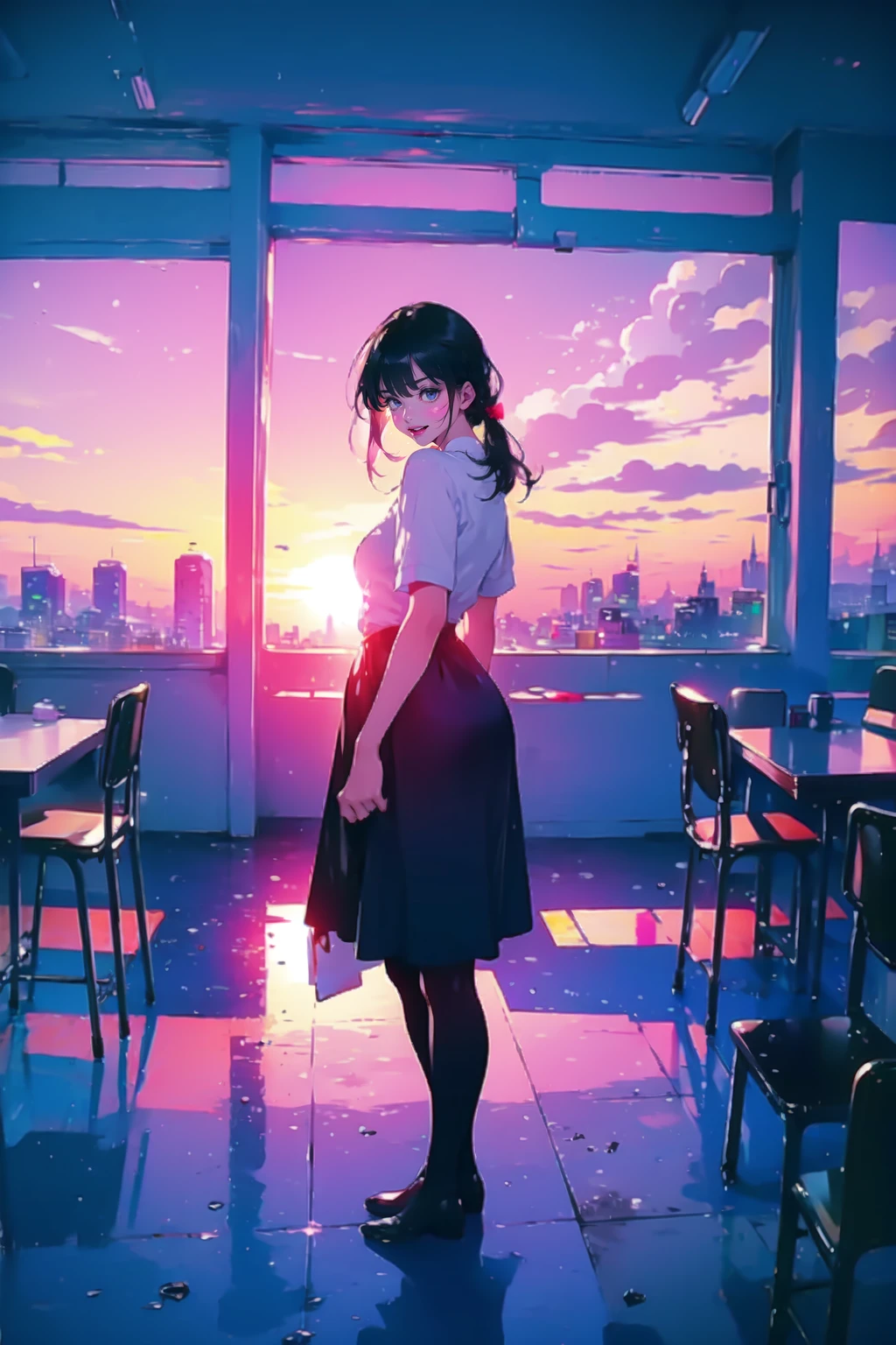 1girl,solo,cute,smile,in classroom,sunset,from the front,scene
