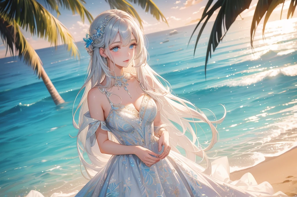 She is a beautiful woman with long silvery hair and beautiful eyes.、She is wearing an elegant and detailed Aloha dress.。The dress is、To give a luxurious and classy feel、Must have intricate designs and patterns。In the background、The morning sun reflects on the water、Romantic morning beach in Hawaii with the sun hitting the palm trees。The entire image is、Enhance the magical atmosphere by highlighting the glittering effects and rainbows.、Adding extra frills to the dress。It makes you stand out。」