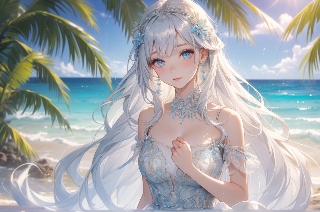 She is a beautiful woman with long silvery hair and beautiful eyes.、She is wearing an elegant and detailed Aloha dress.。The dress is、To give a luxurious and classy feel、Must have intricate designs and patterns。In the background、The morning sun reflects on the water、Romantic morning beach in Hawaii with the sun hitting the palm trees。The entire image is、Enhance the magical atmosphere by highlighting the glittering effects and rainbows.、Adding extra frills to the dress。It makes you stand out。」