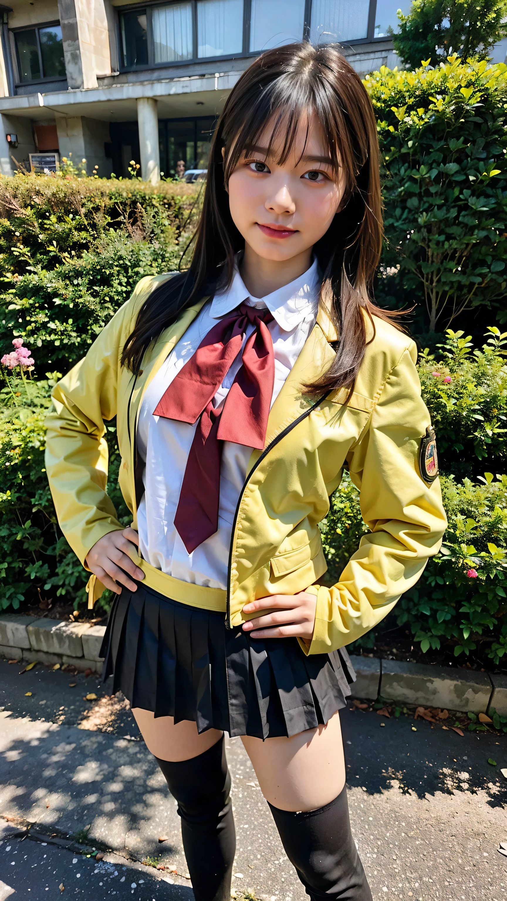 (8K、RAW Photos、Highest quality、masterpiece:1.2)、(Realistic、Realistic)、1 Girl、((city、Check jacket、、Black mini skirt、Ribbon on chest、blonde、Knee socks、boots、Big Breasts、look forward to、Stand with hands on hips))、