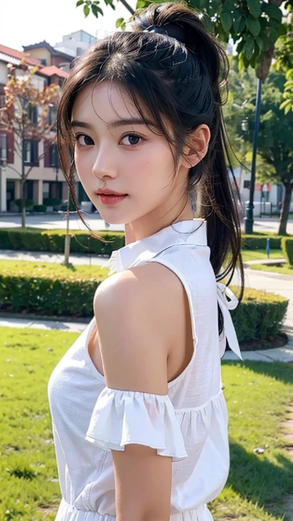 8k, Super detailed and realistic, Photography taken py Iphone 15 pro max, Miki, natural looking upper body shot, ponytail hairstyle, instagram photo, Looking sideway, wearing fitted t-shirt, highly detailed rough skin, breast 36 inch, university student at campus, diverse pose and facial expression